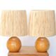 Pair of wooden lamps, raffia lampshade, 70s