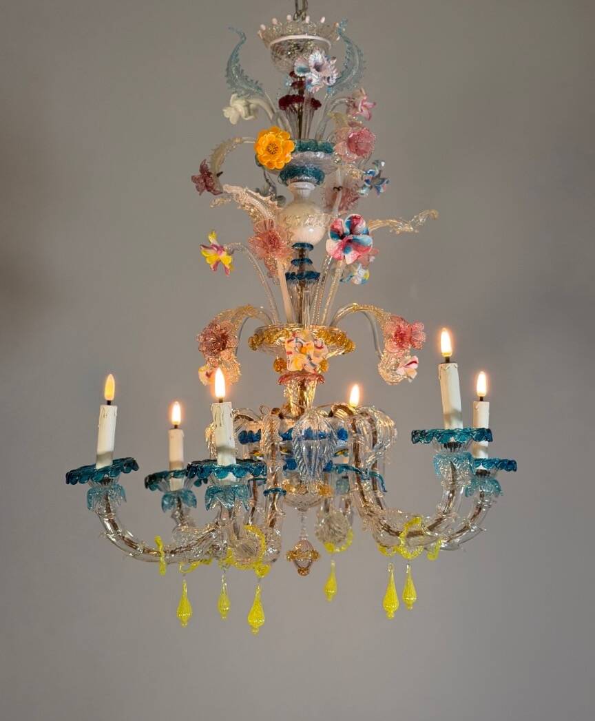Venetian Rezzonico chandelier in multicoloured Murano glass circa 1900
