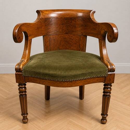 Empire-Charles X walnut office chair with a gondola backrest.
