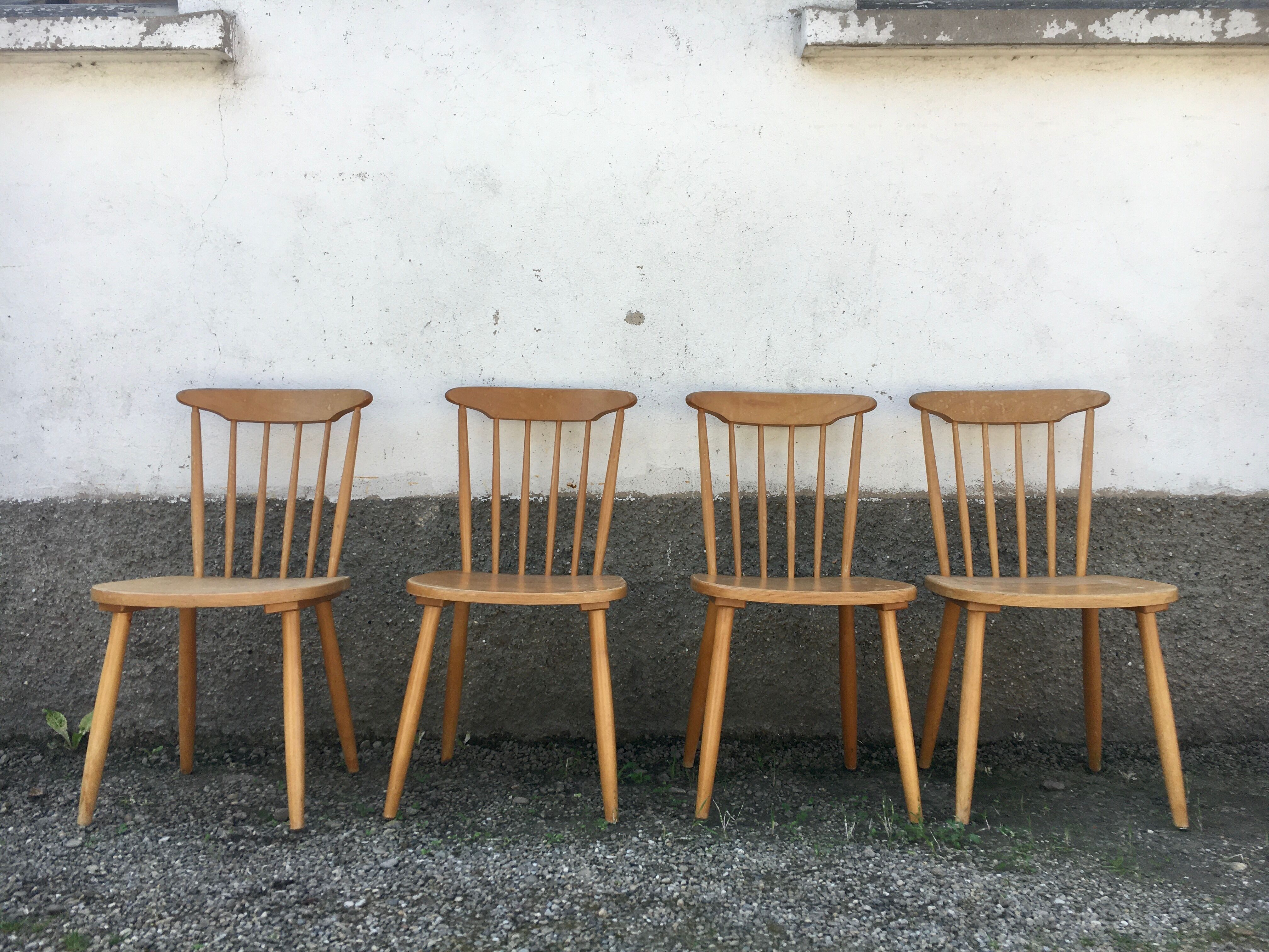 Series of 4 chairs bistro / bohemian beech - compass feet - vintage - Scandinavian 1950