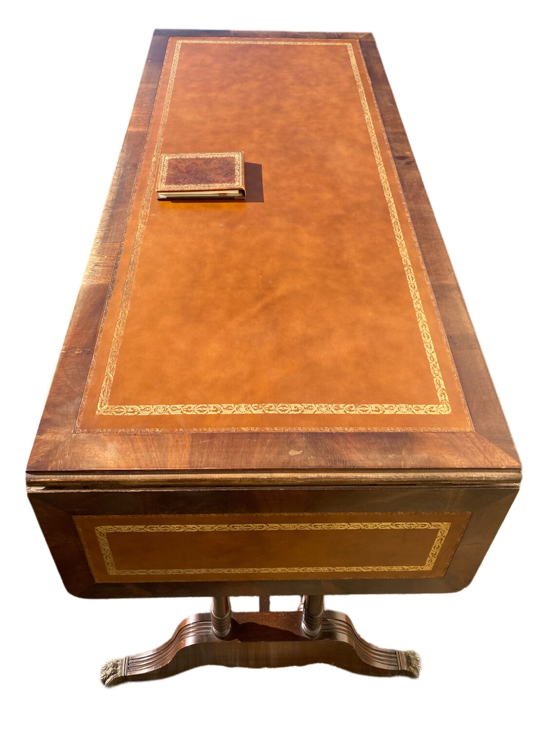 English desk, double-sided table with mahogany extension.