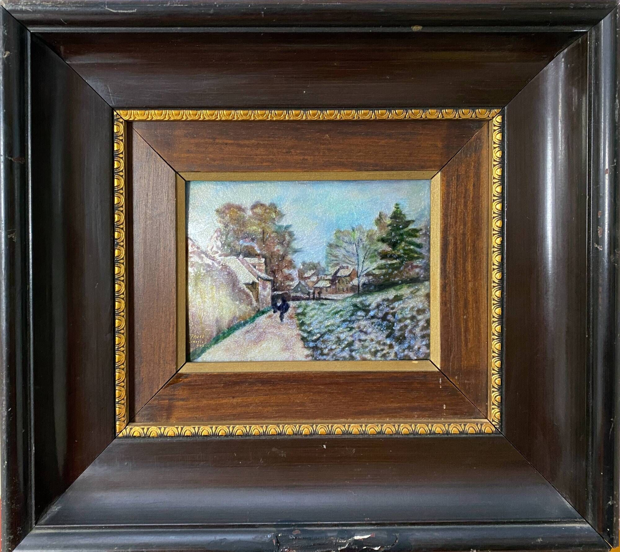 Camille Fauré Limoges painting "Village in winter" enamel painting