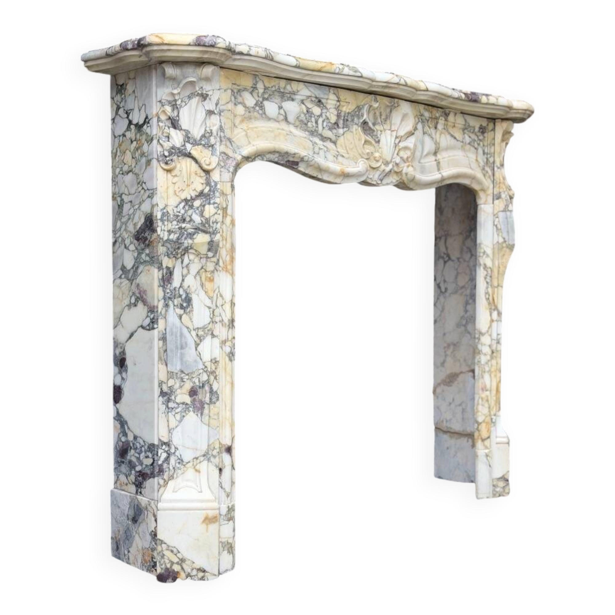 Louis XV style fireplace in purple breccia marble, circa 1880.