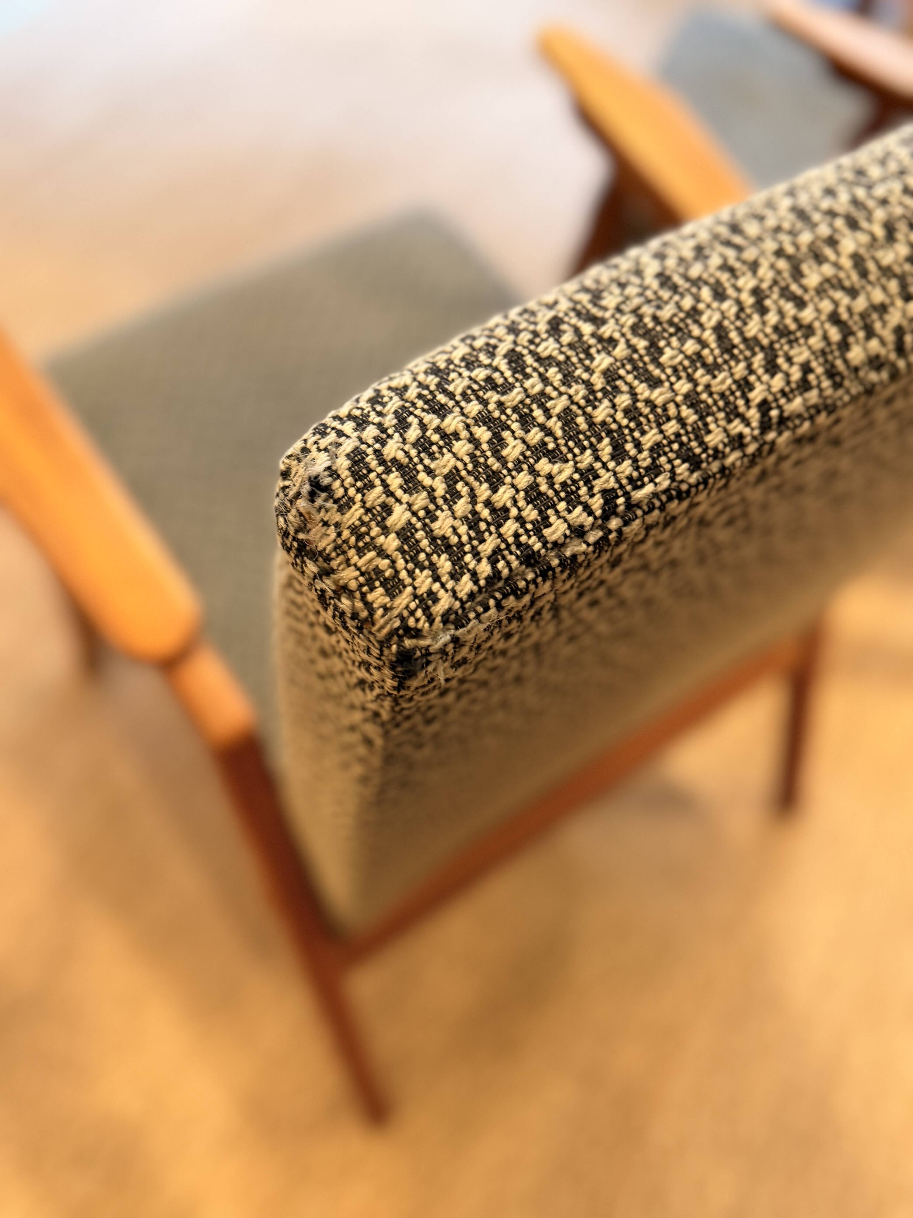 Pair of vintage oak armchairs, original fabric and seat.