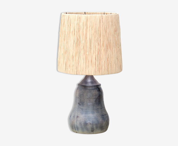 Lampe en céramique signée abat-jour en raphia années 70