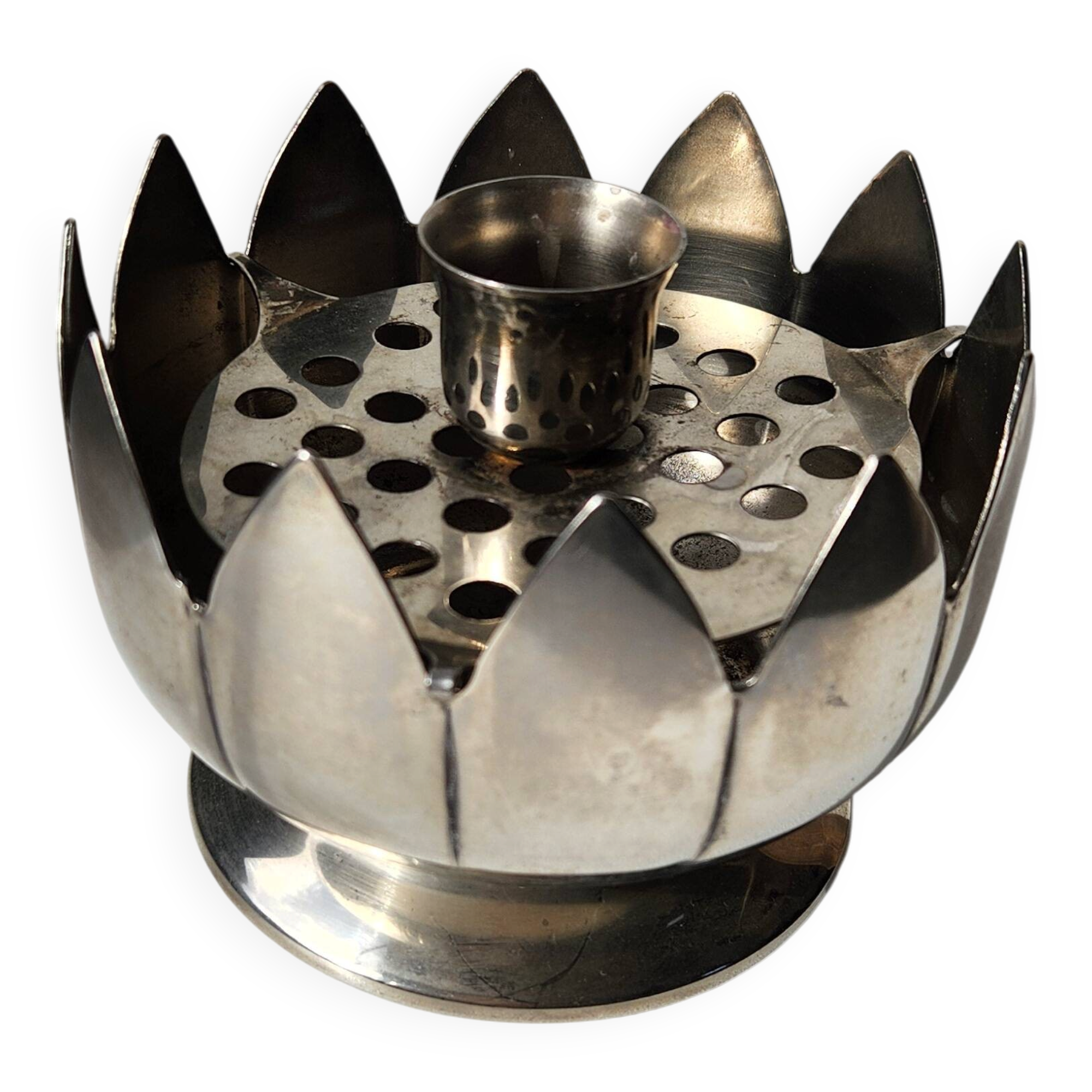 Pique-fleur lotus avec bougeoir en métal argenté
