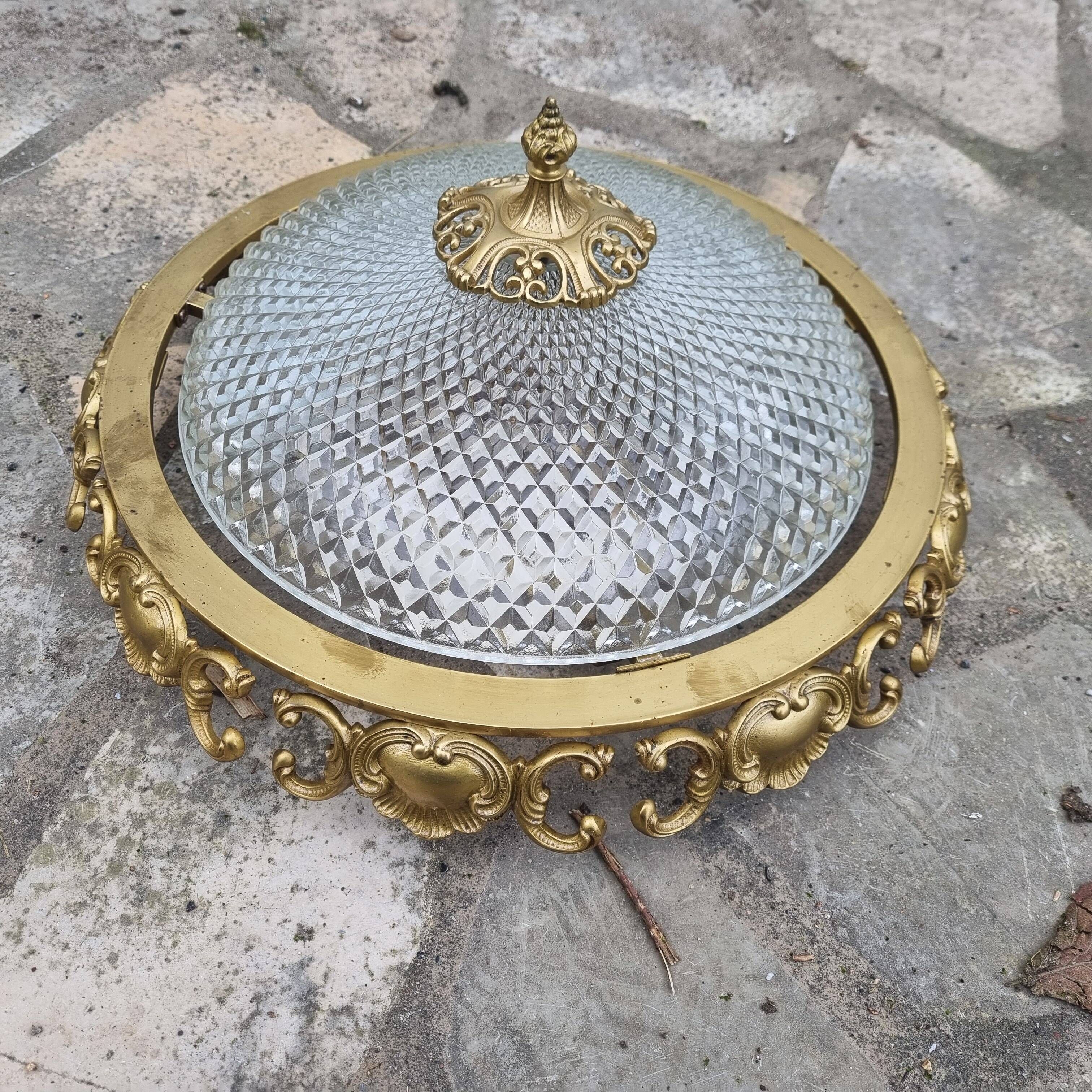 Plafonnier Ancien Style Louis XVI, 7 Lumières, Bronze Et Verre - à Restaurer (XXe Siècle)