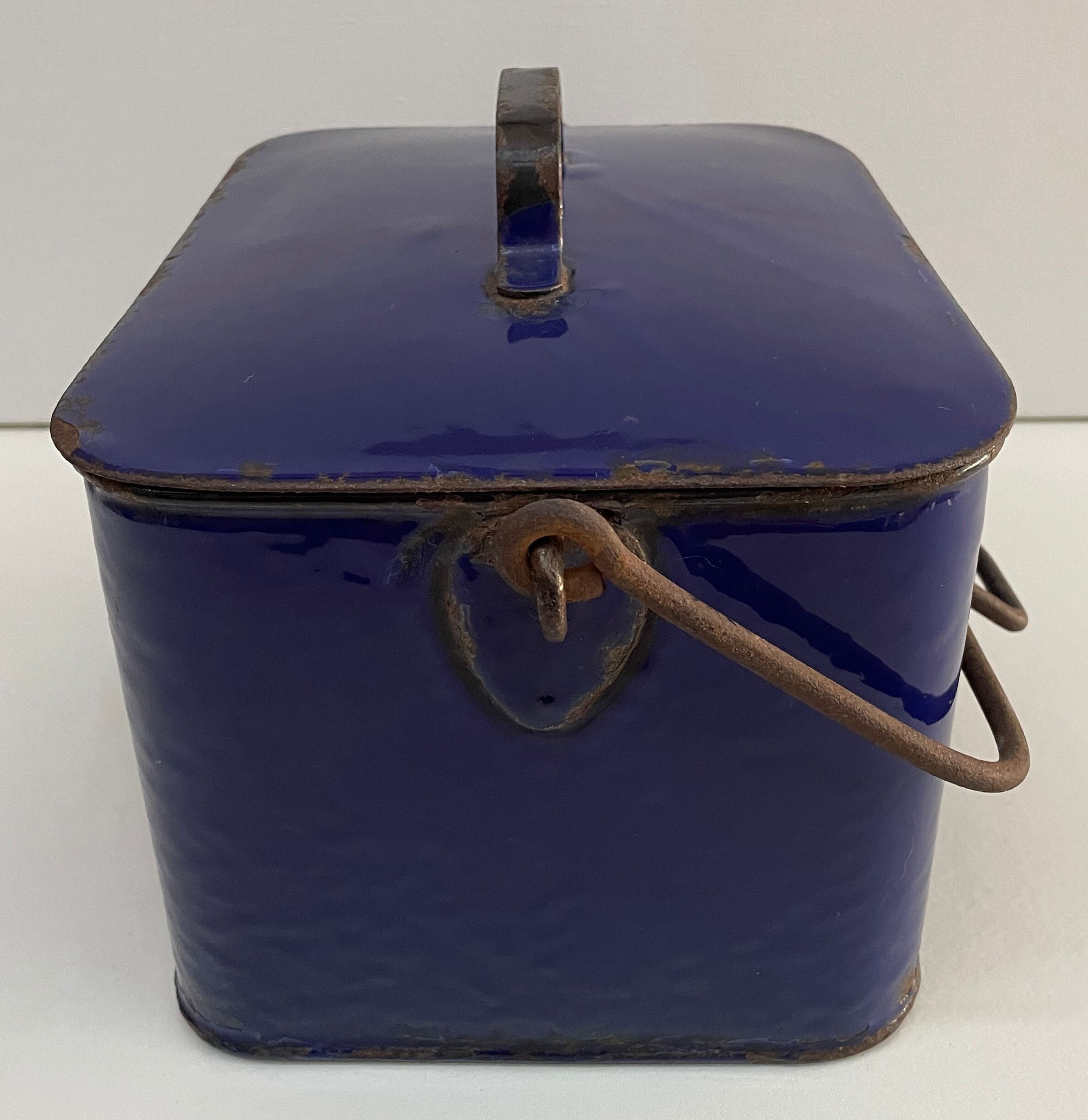 Old blue enamelled metal box