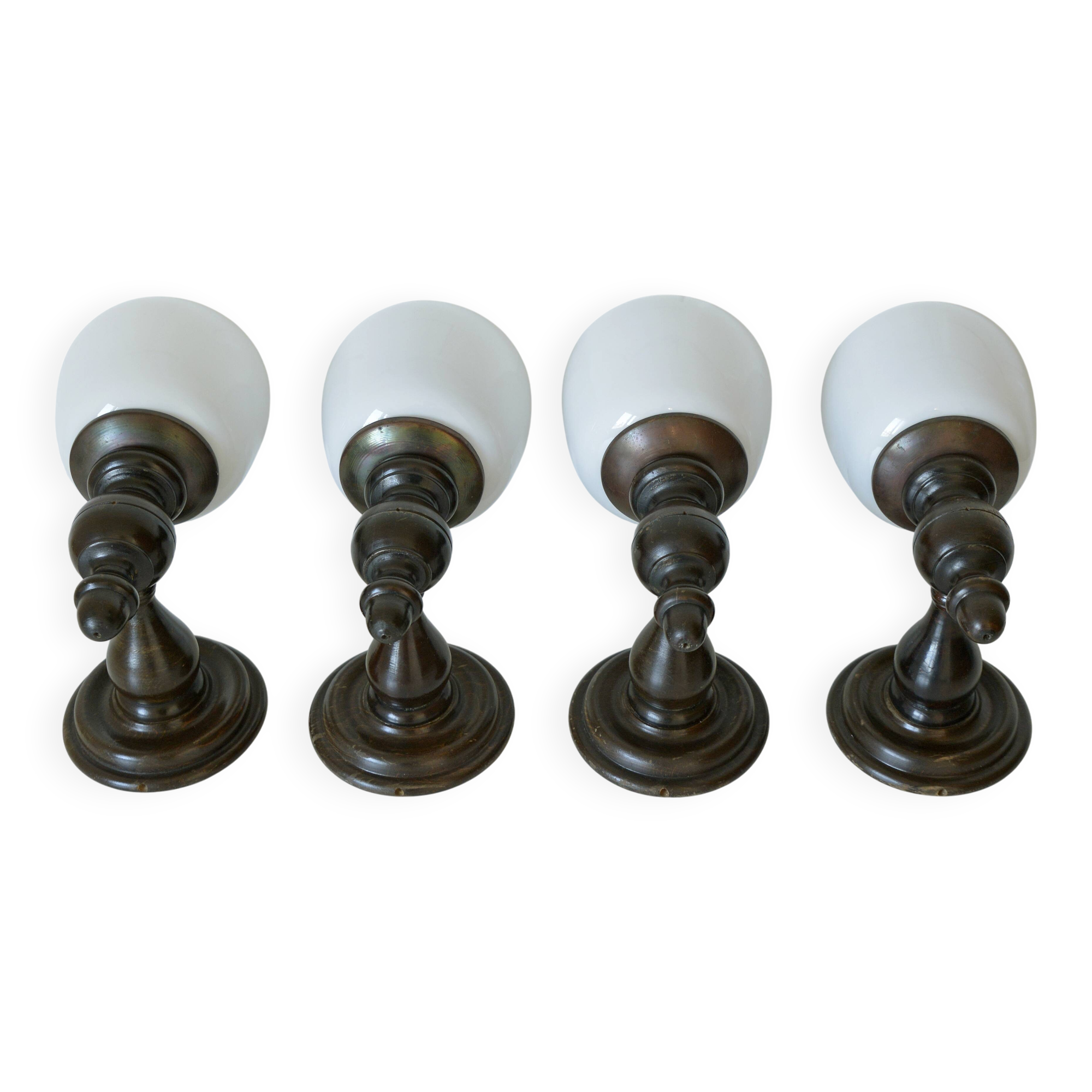 Set of 4 Vintage Lamps Wooden Wall Sconces Rustic Hand-turned Lighting