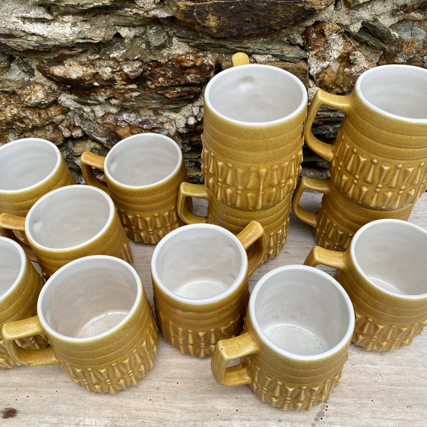 Vintage BP ceramic mugs from the 1970s.