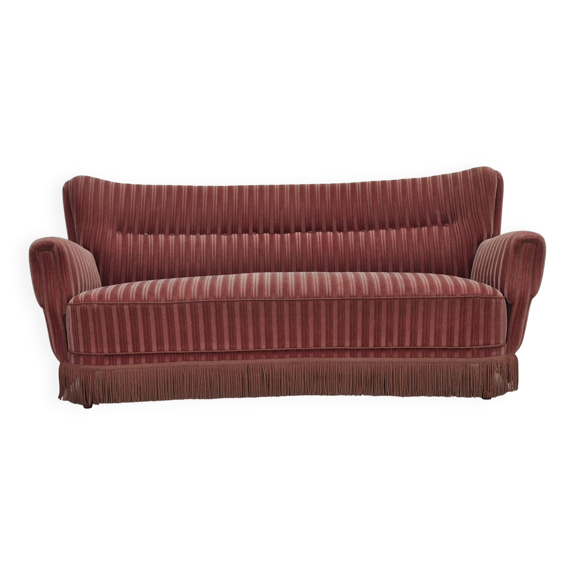 1960s, Danish 3-seater curved sofa, pink-salmon furniture velour, original.