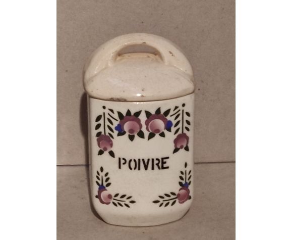 5 old art deco pots in vintage ceramic with spices, flour, pepper, coffee, tea, sugar