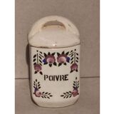 5 old art deco pots in vintage ceramic with spices, flour, pepper, coffee, tea, sugar