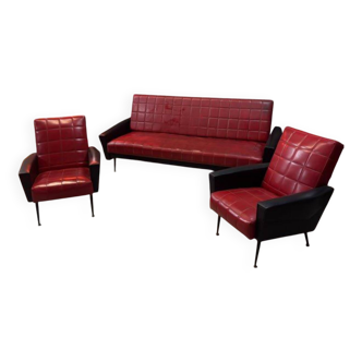 Vintage sofa and 2 armchairs with compass feet