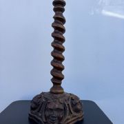 Sculpted wooden lamp with faces, antique.