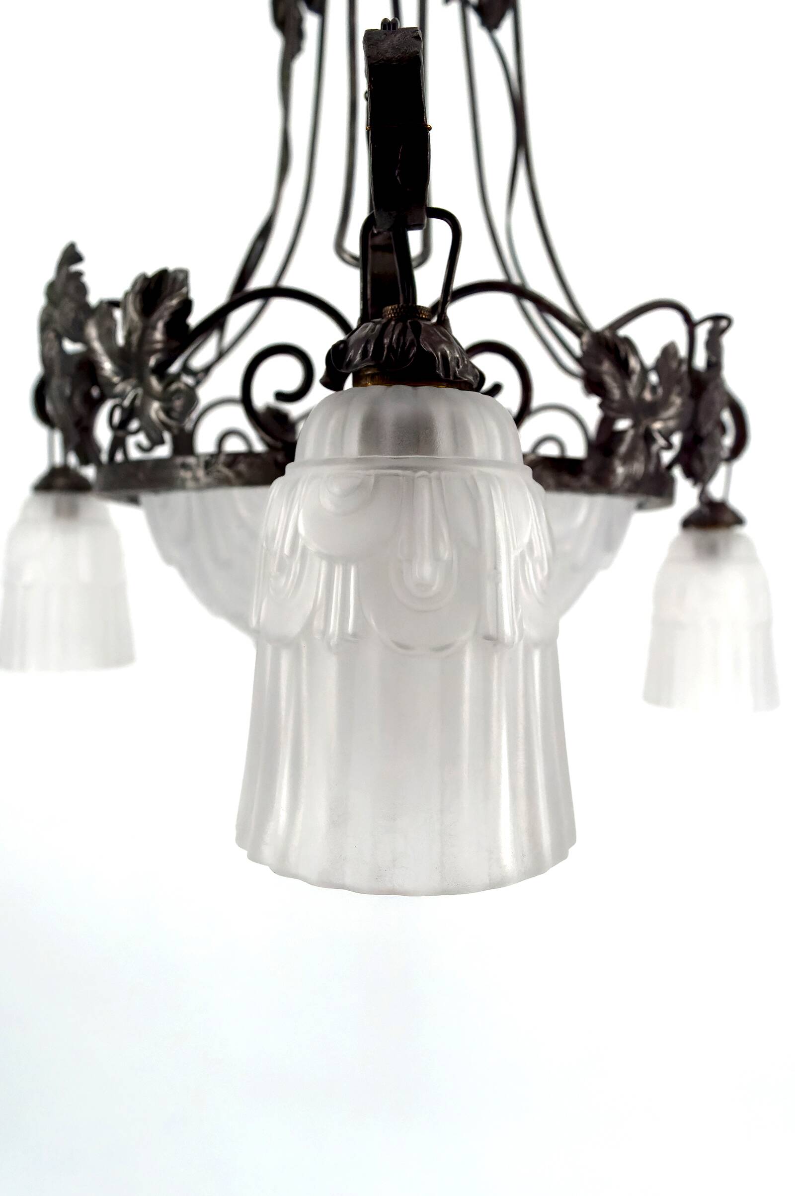 Wrought iron chandelier, tulips / pressed-molded glass bowl, Art Deco, 1930