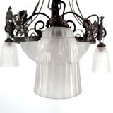 Wrought iron chandelier, tulips / pressed-molded glass bowl, Art Deco, 1930