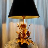 Large lamp, bouquet of vintage anemone flowers, gold metal, Hans Kogl