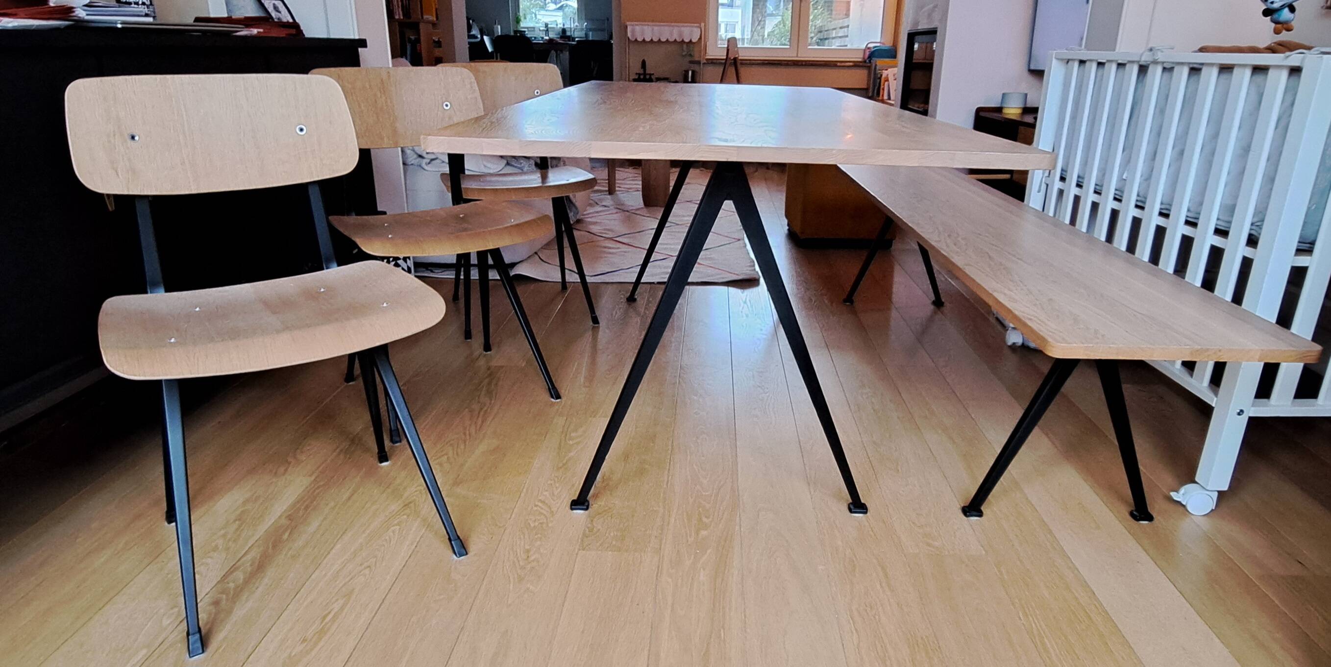 Hay - Pyramid table and bench + 3 Result chairs