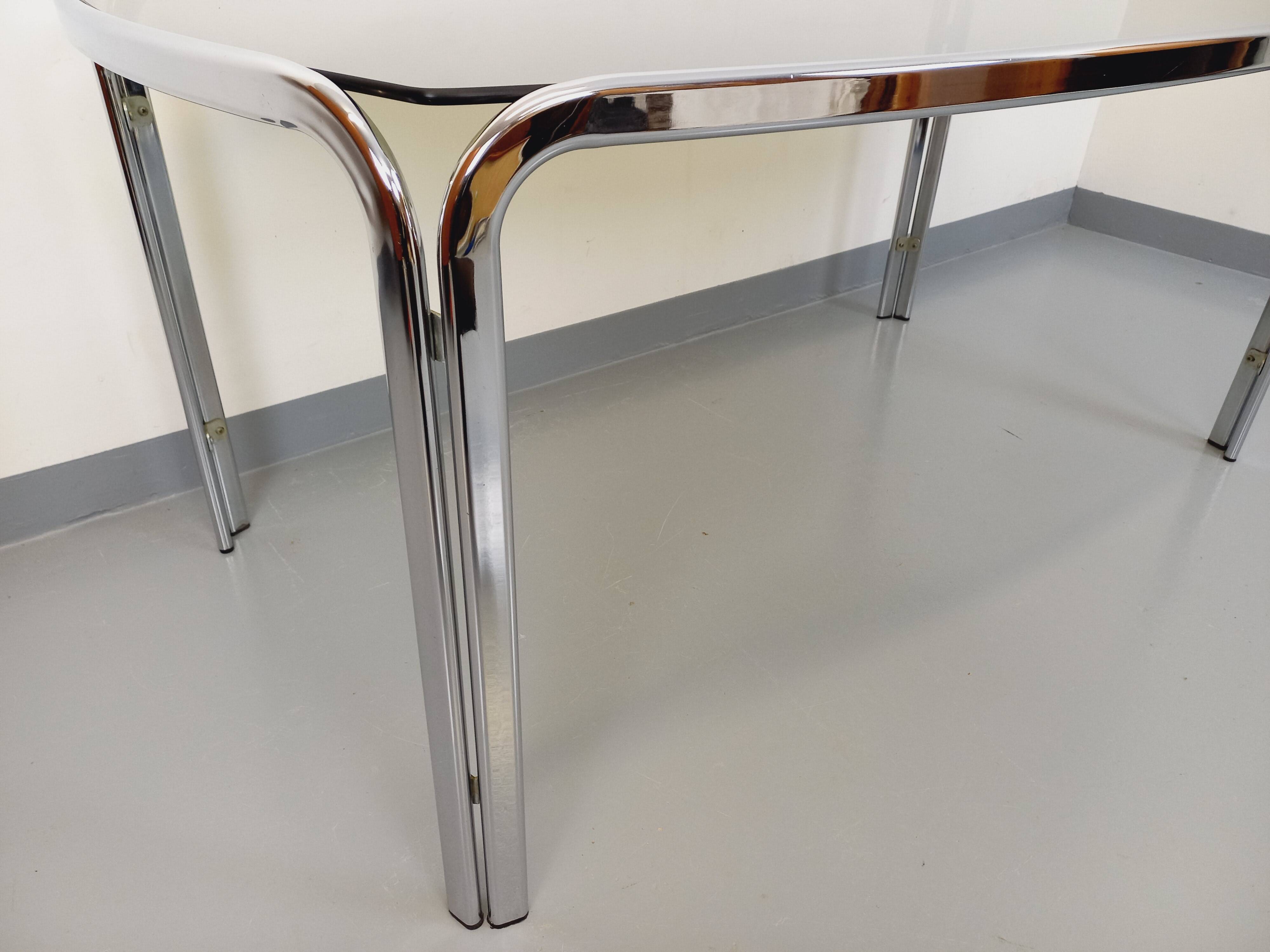 Vintage curved rectangular dining table in smoked glass and chrome metal