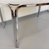Vintage curved rectangular dining table in smoked glass and chrome metal