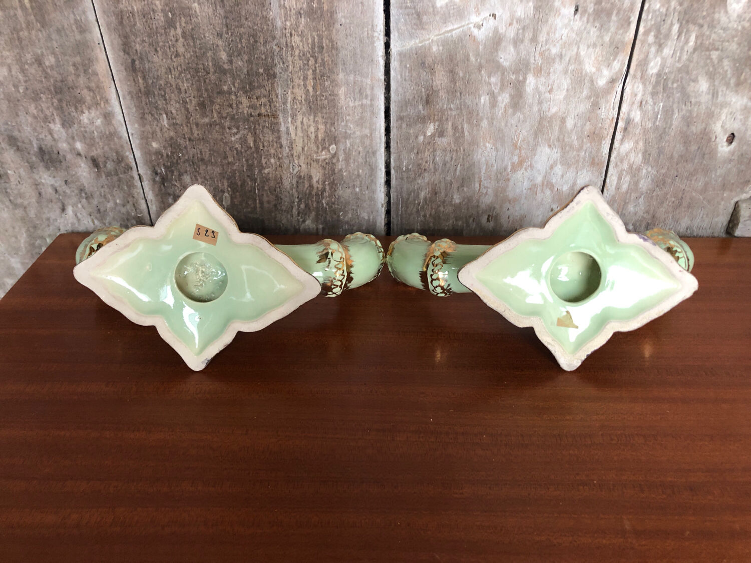 Old pair of double ceramic candlesticks green & gold vintage #A270
