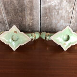 Old pair of double ceramic candlesticks green & gold vintage #A270