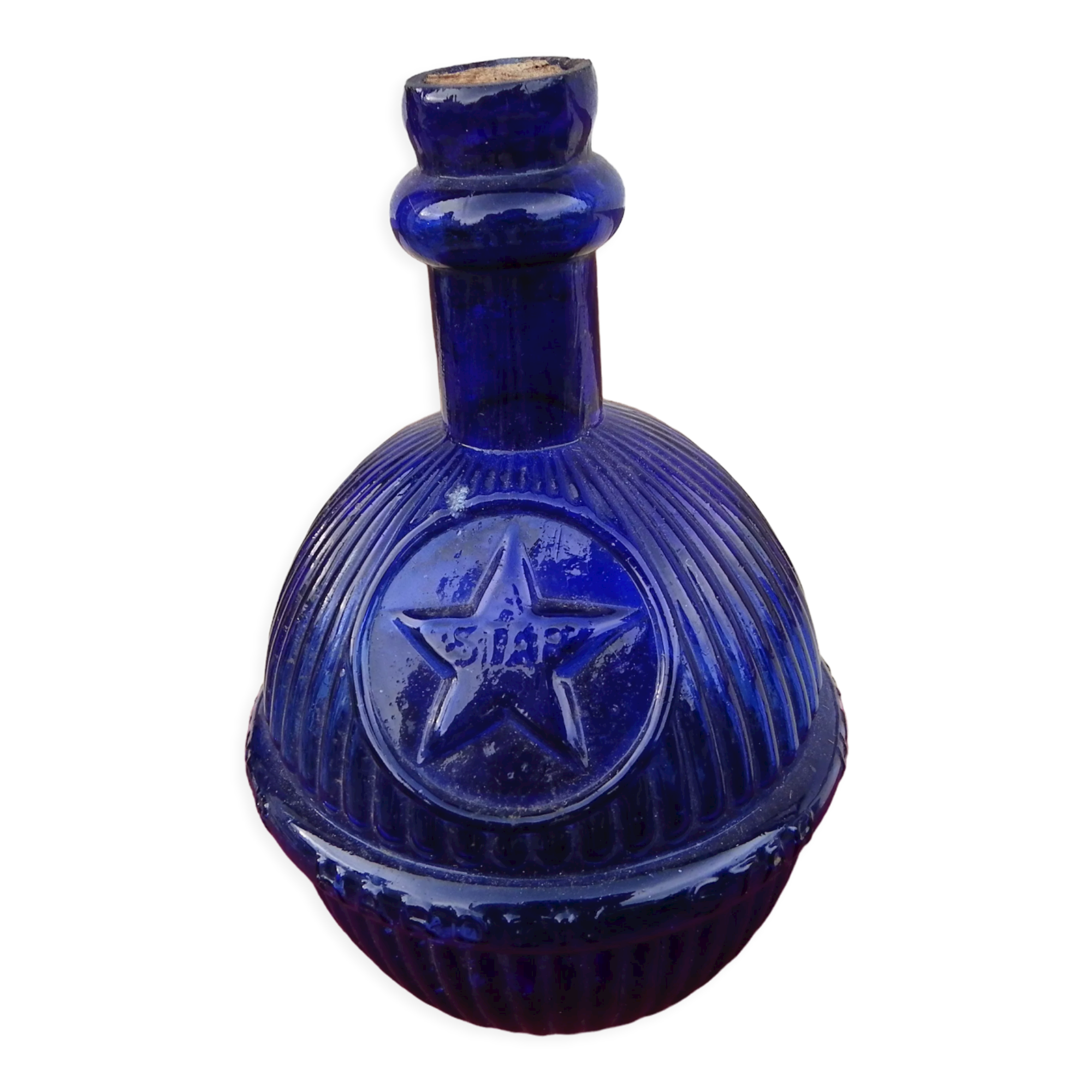 HARDEN fireplace fire extinguishing grenade in fluted blue glass, marked "Star". Rare decoration