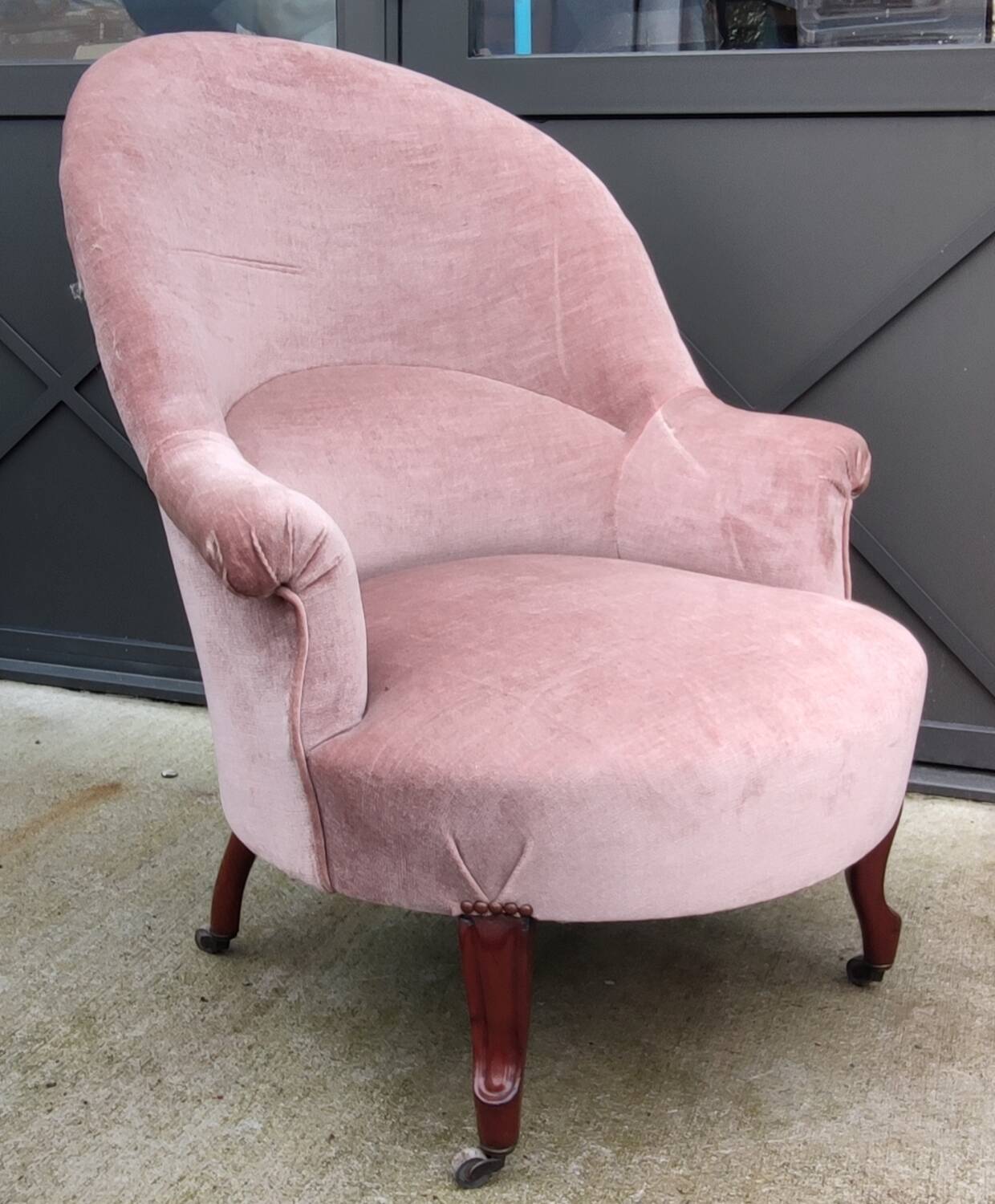 Ancien Fauteuil Crapaud velours Rose Pâle/Style Louis XV