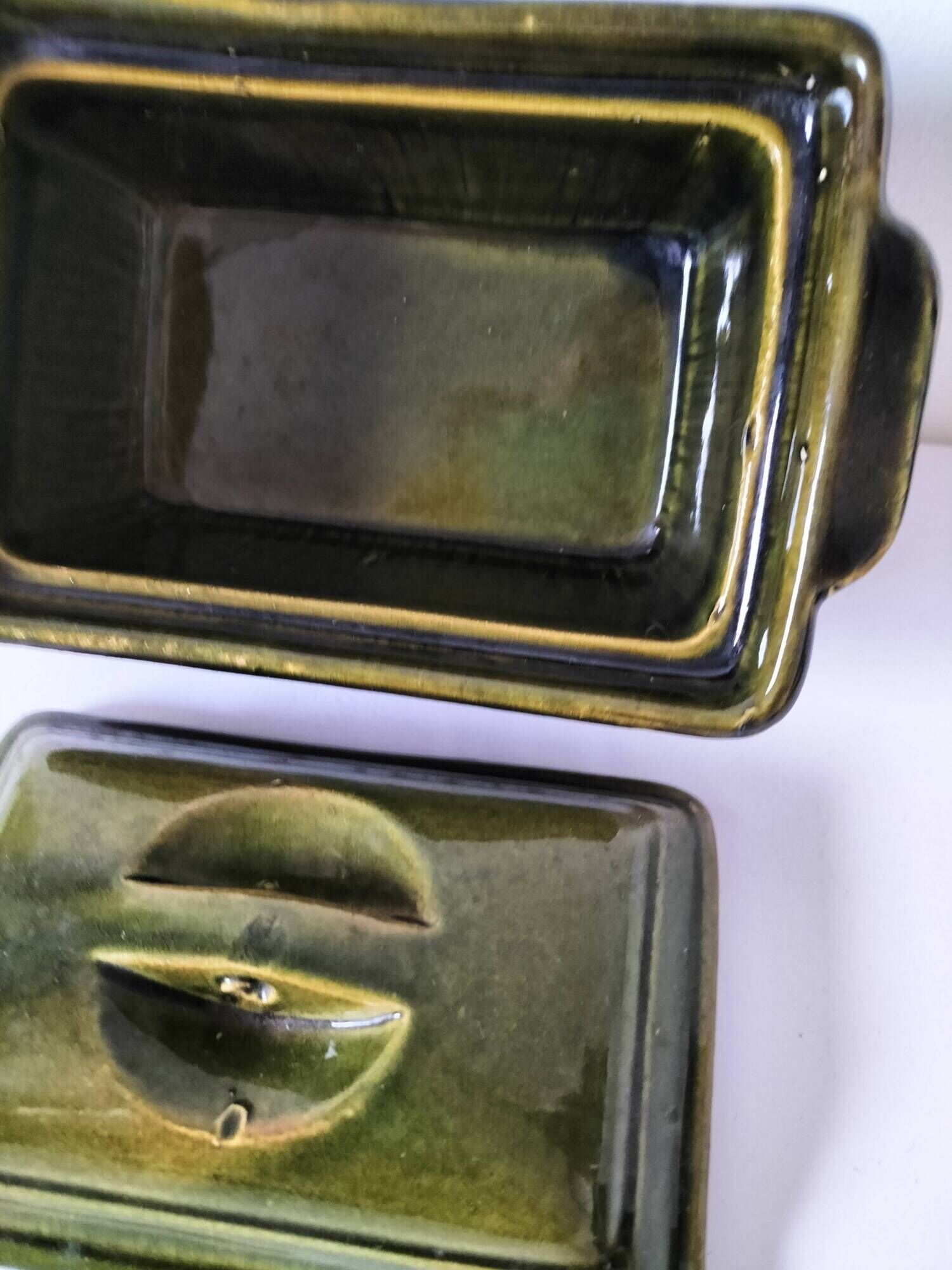 Small terrine in olive green glazed earthenware