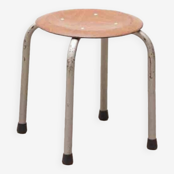 Tabouret vintage galette chêne et pieds gris