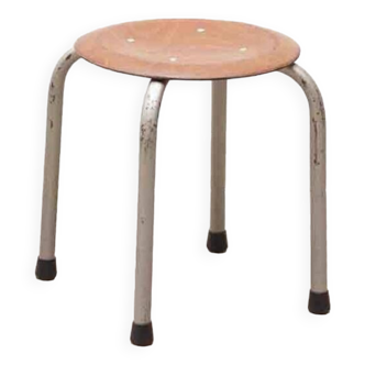 Tabouret vintage galette chêne et pieds gris