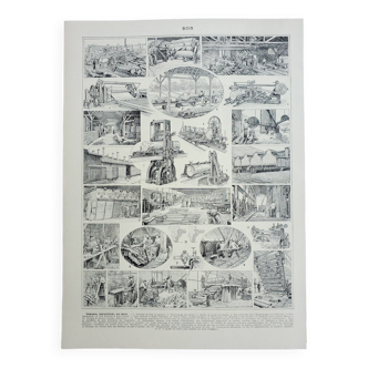 Gravure ancienne, Bois 2, industriel, menuiserie, scierie • Lithographie, Planche originale 1947