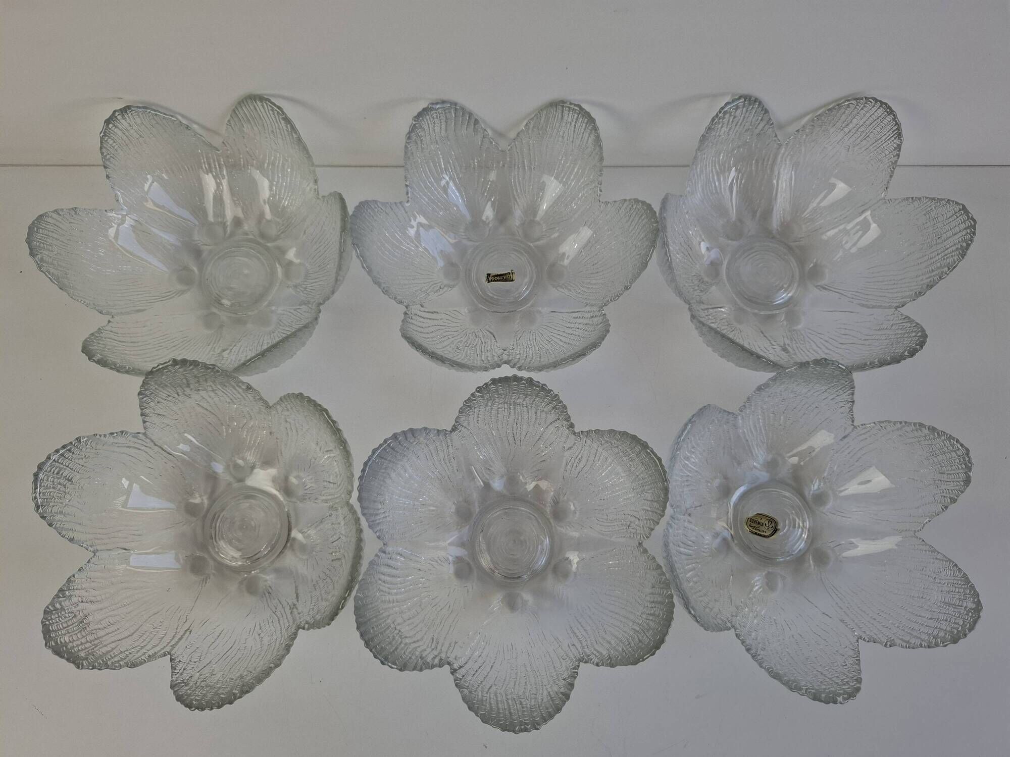 Set of 6 Bohemia Glass Flower Dessert Bowls, Czechoslovakia, circa 1960