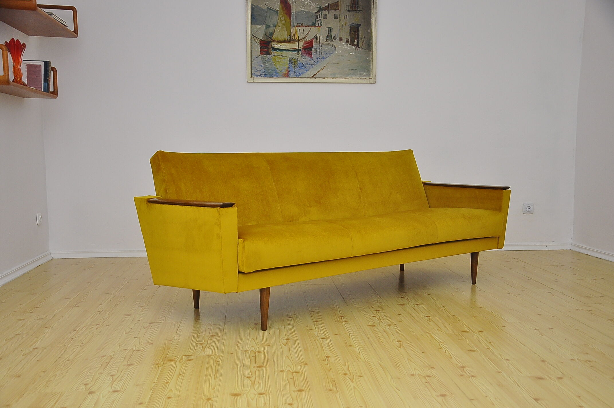 Yellow velvet sofa with fold-out function, 1960s
