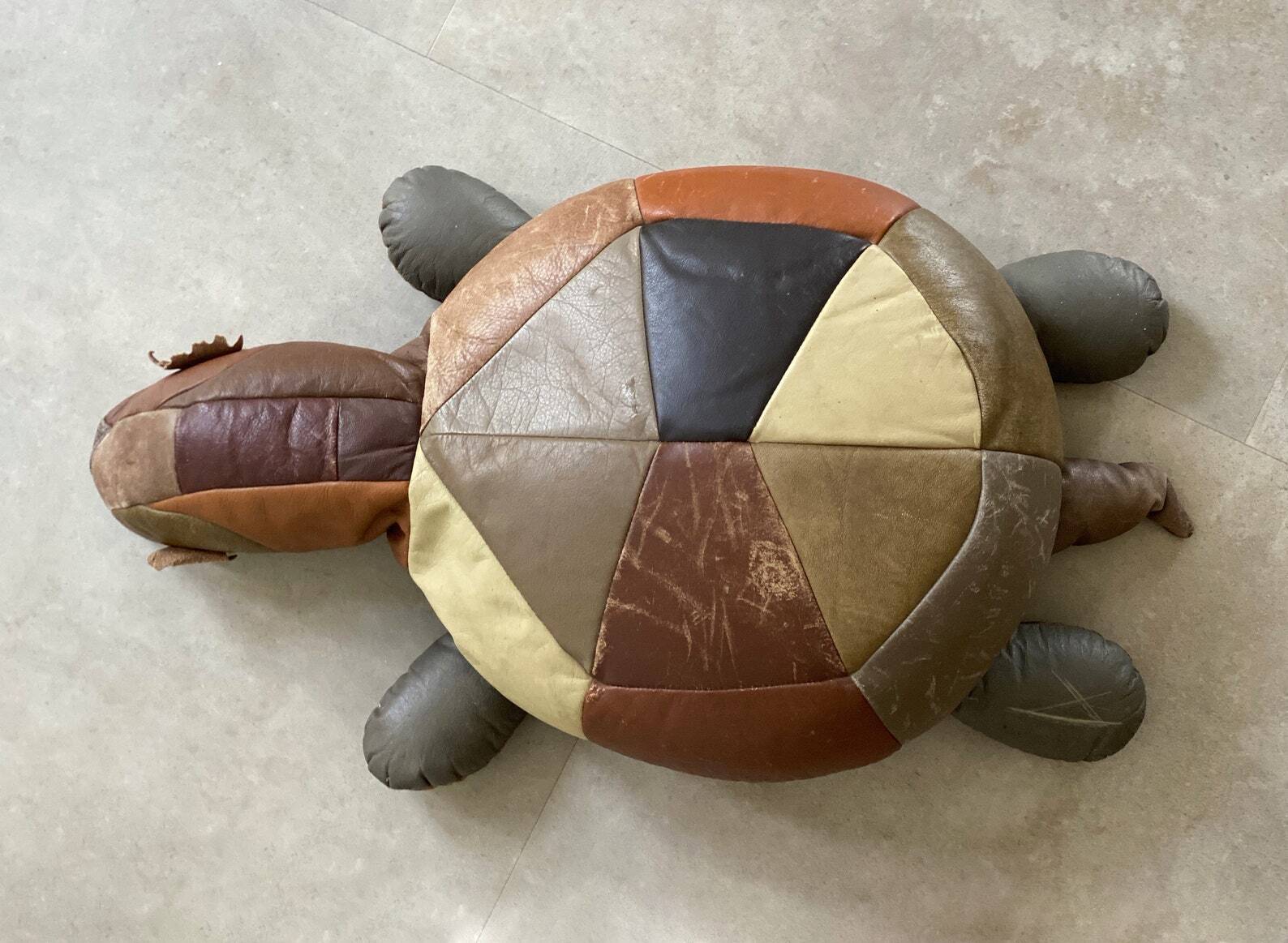 Large vintage leather patchwork turtle cushion / poof, stuffed leather animal, 1970s
