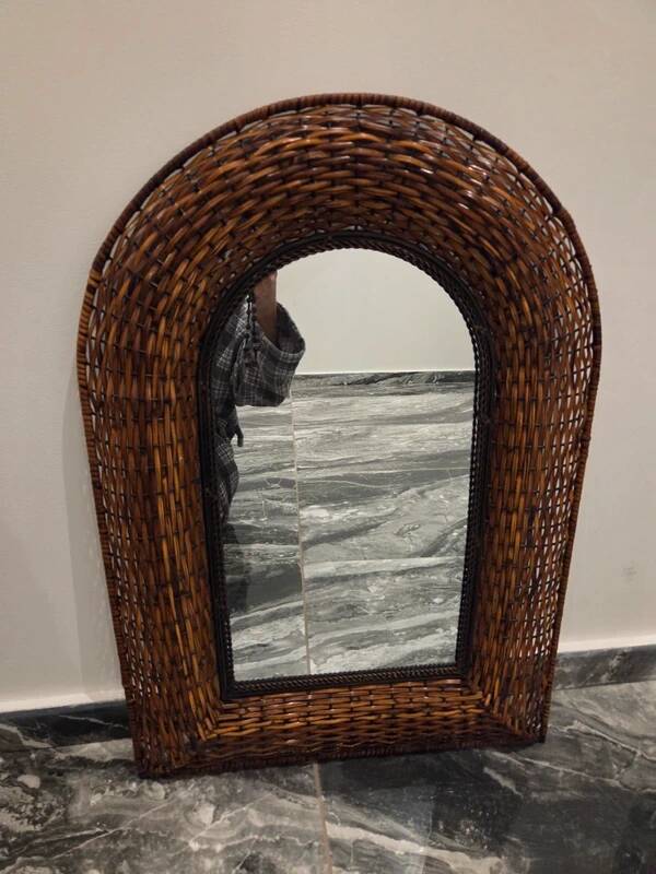 Antique vintage Italian wicker and iron woven mirror