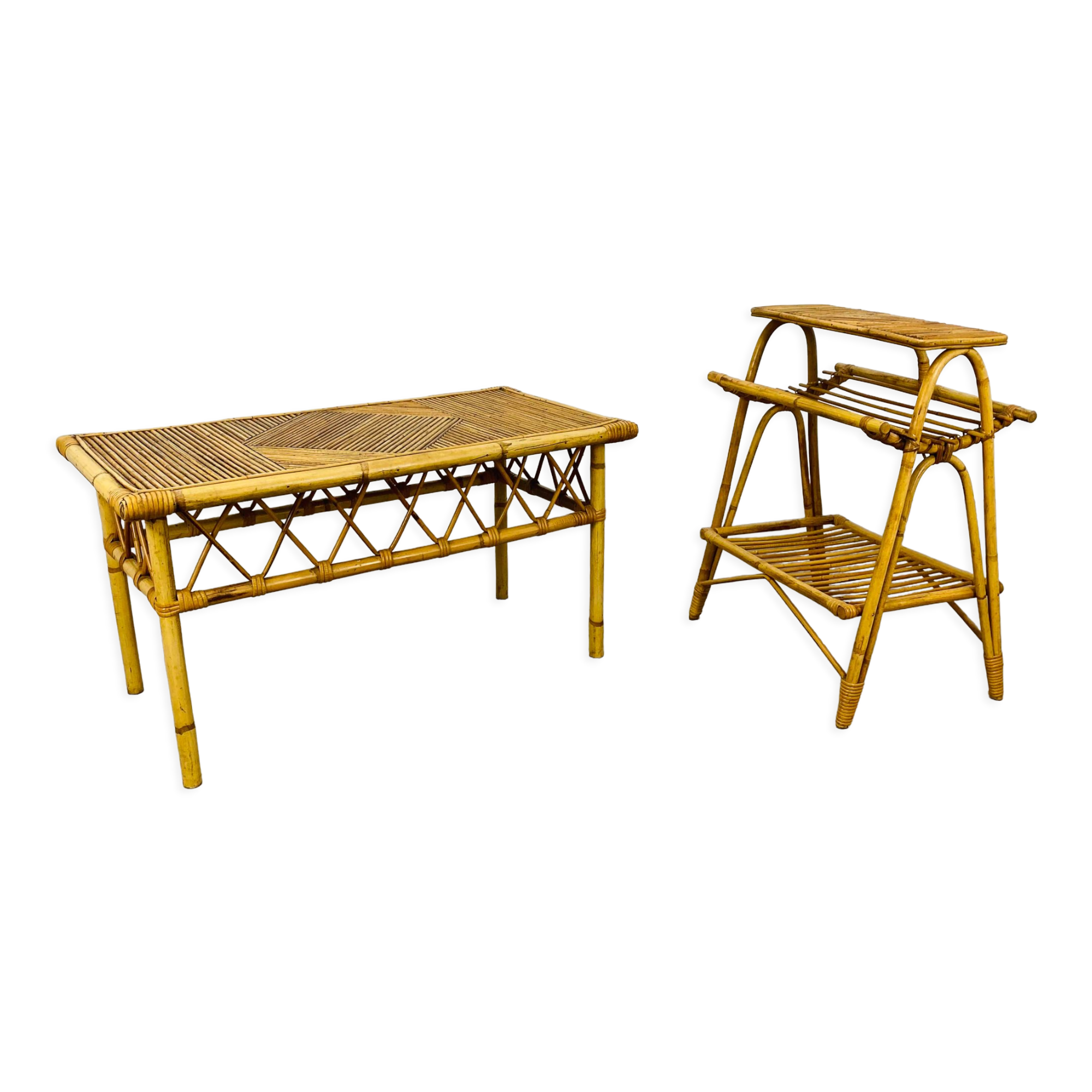 Rattan coffee table 60s and bamboo magazine door