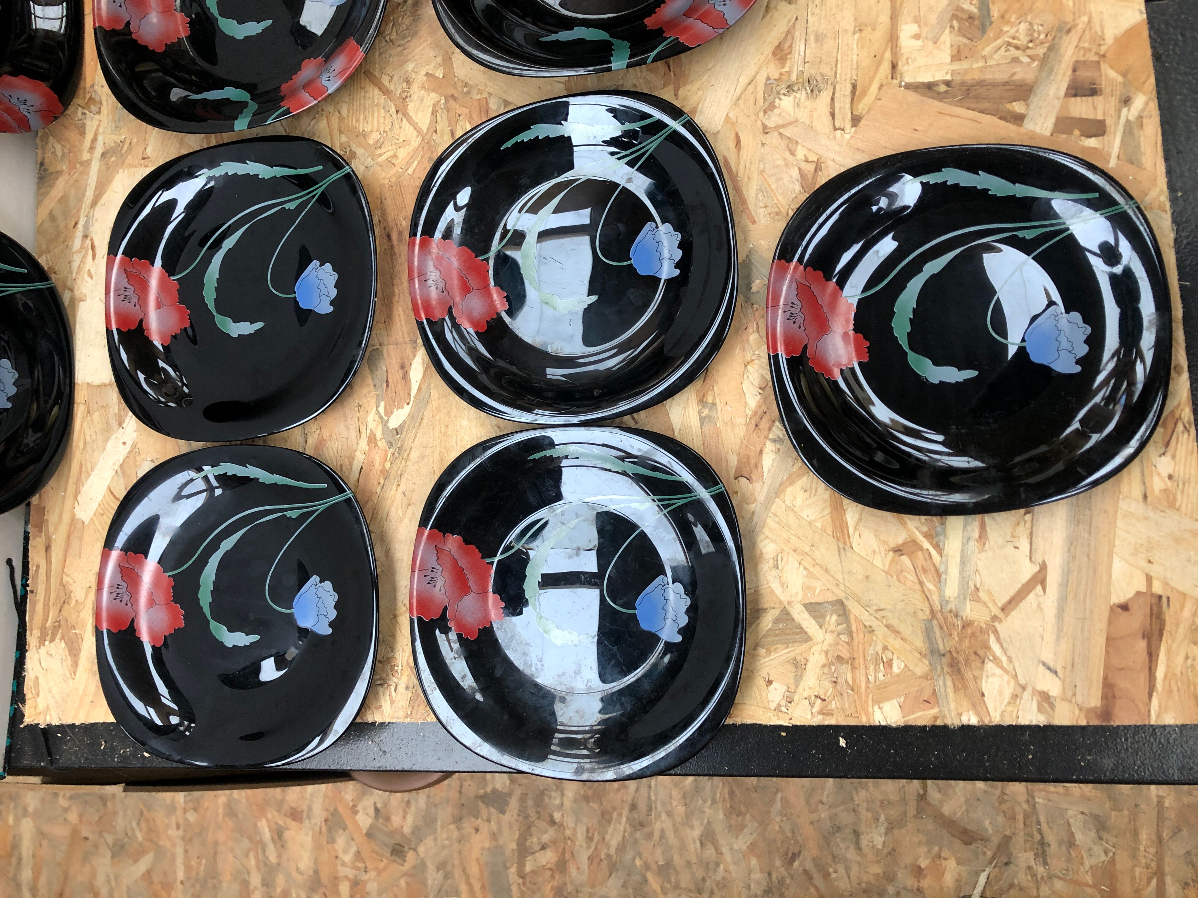 Series 12 old black opaline plates with vintage art deco flower decor