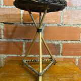 Vintage wooden tripod side table + woven wicker top