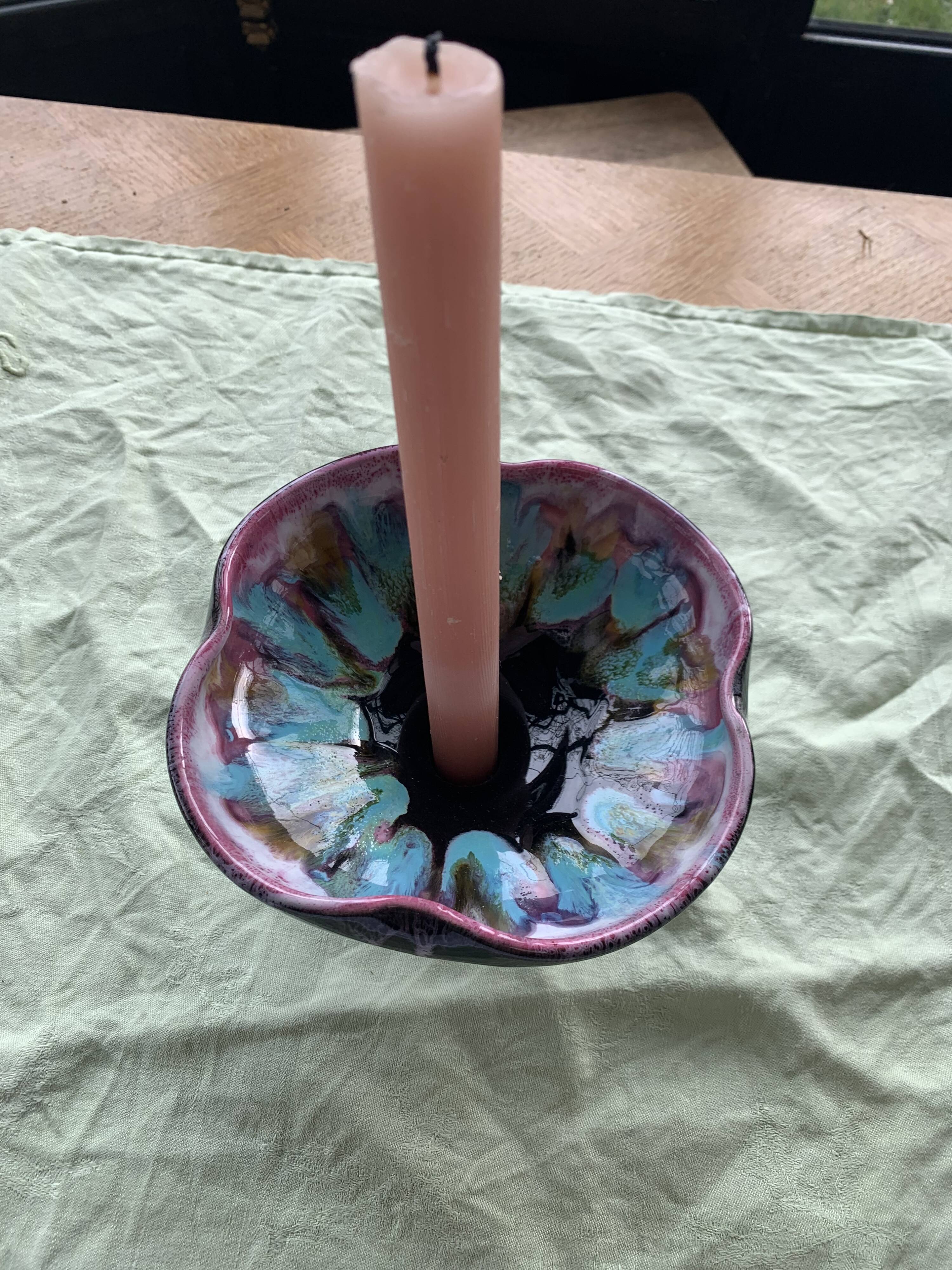 Flamed enamelled ceramic candle holder