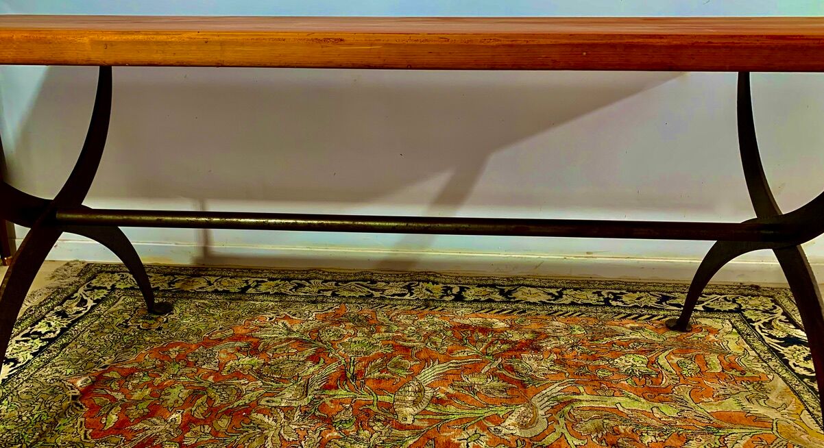 Rectangular wooden table, legs and spacer in hammered ironwork, 60s