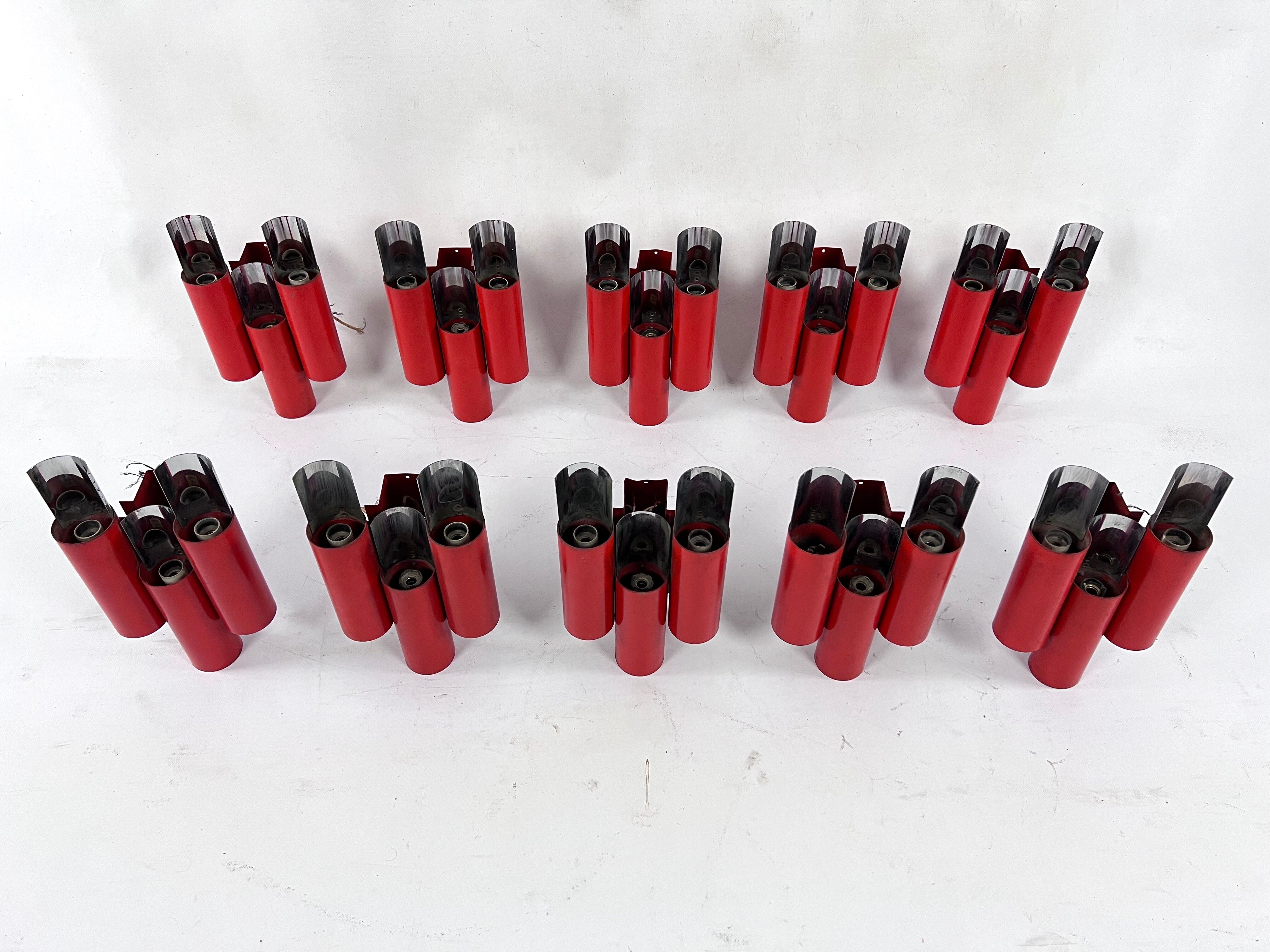 Set of 10 mid-century red and chrome wall lamps by Stilnovo, Italy 1970s