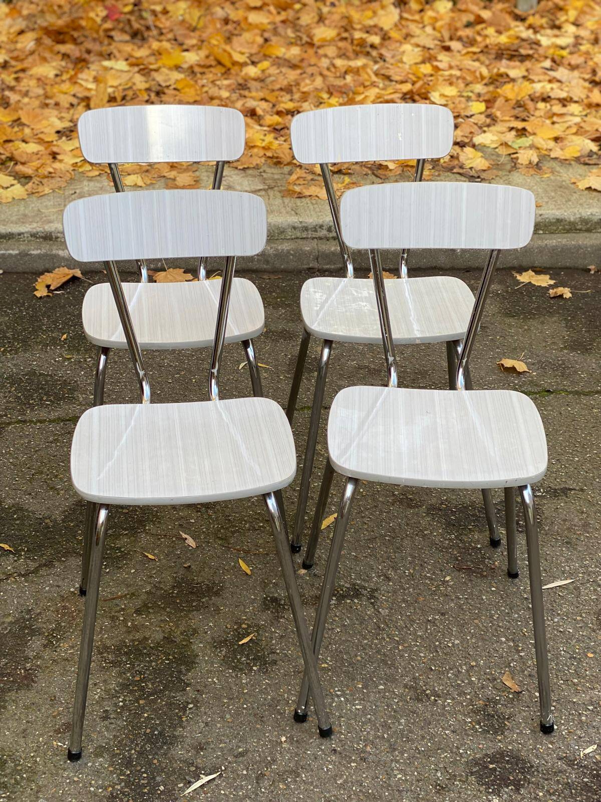 4 beige Formica and steel kitchen chairs from the 1970s