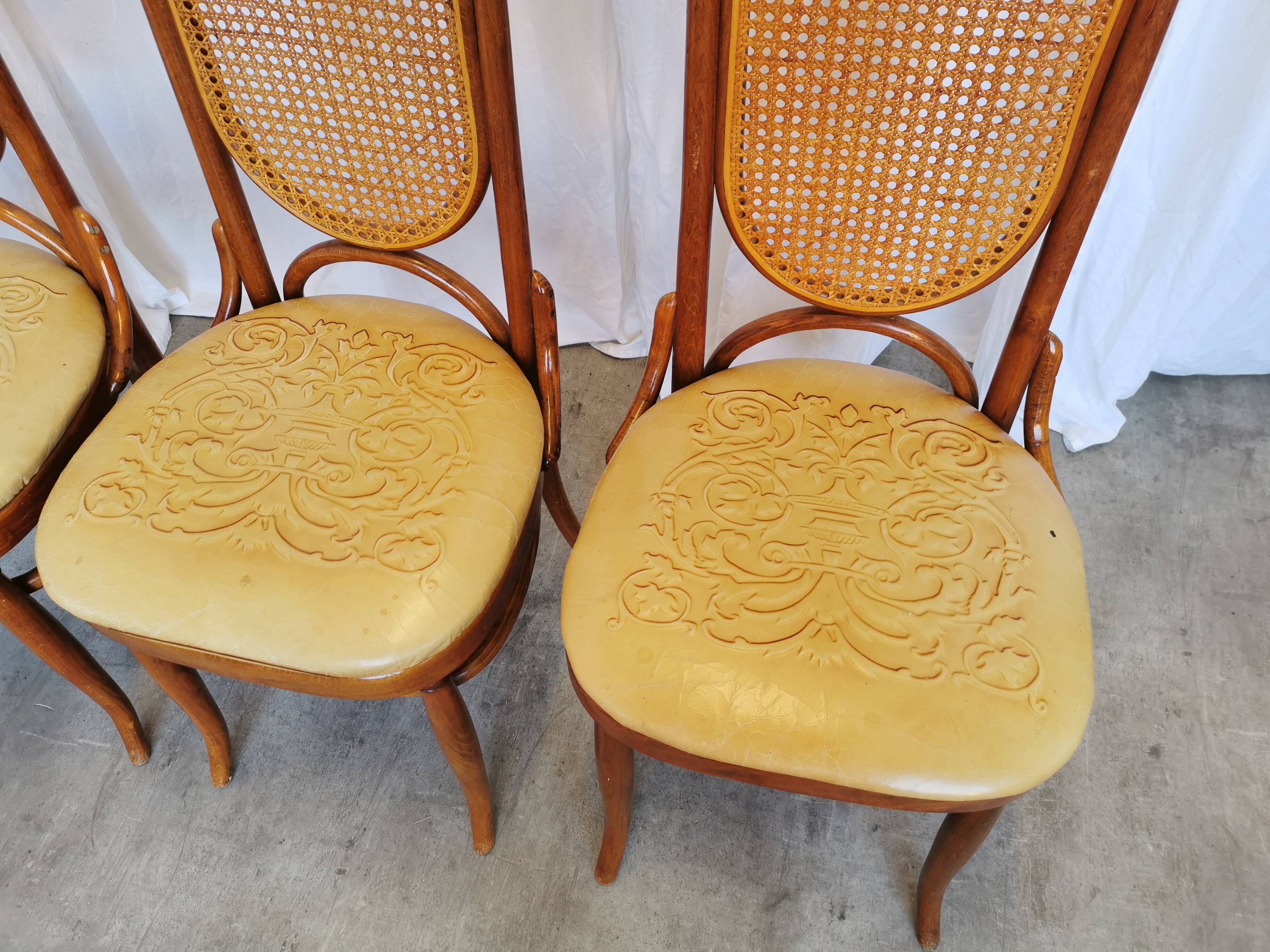 Set of 4 Vintage Bentwood Dining Chairs: Cane Back, Leather Seat, Thonet St