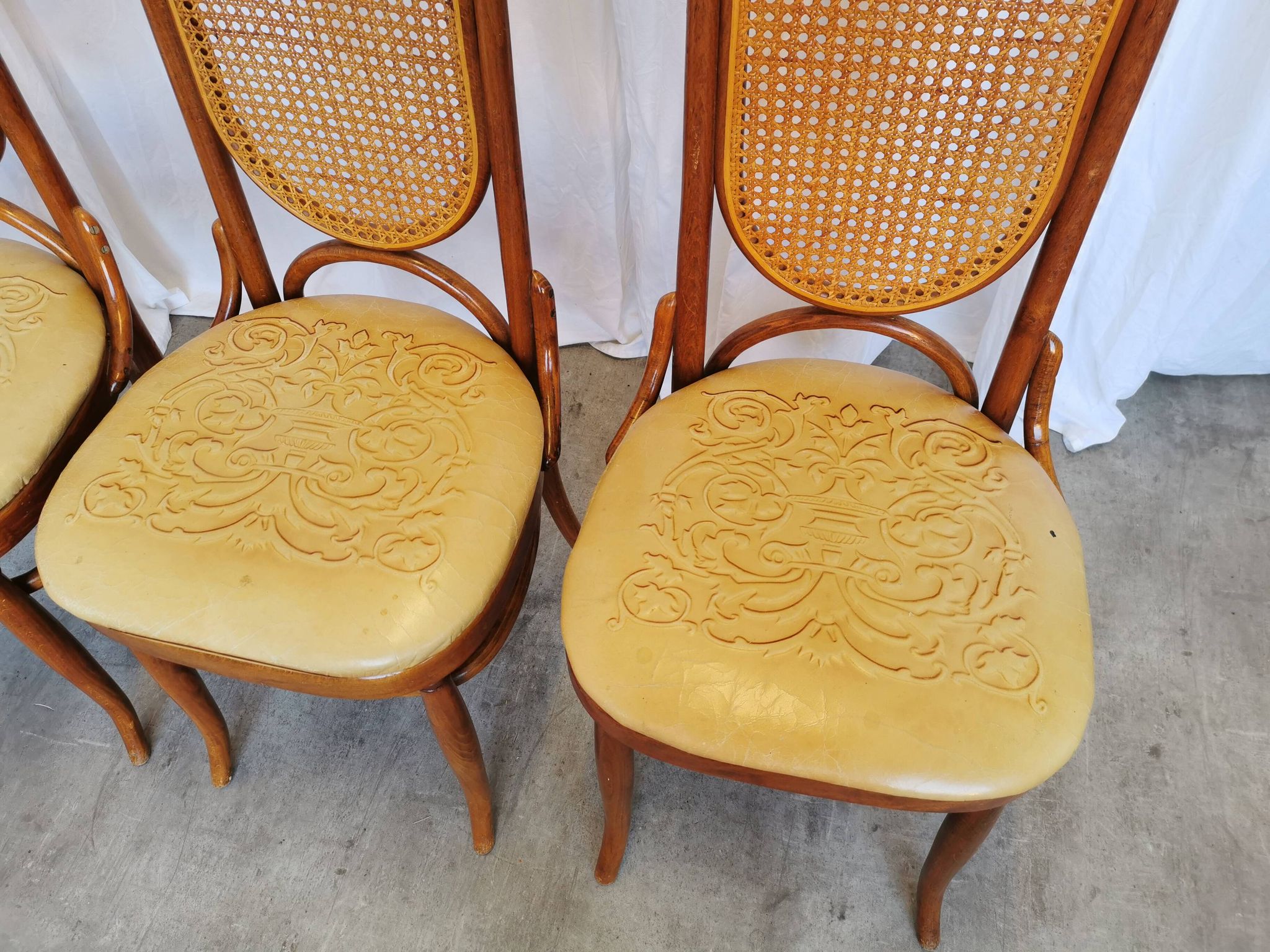 Set of 4 Vintage Bentwood Dining Chairs: Cane Back, Leather Seat, Thonet St