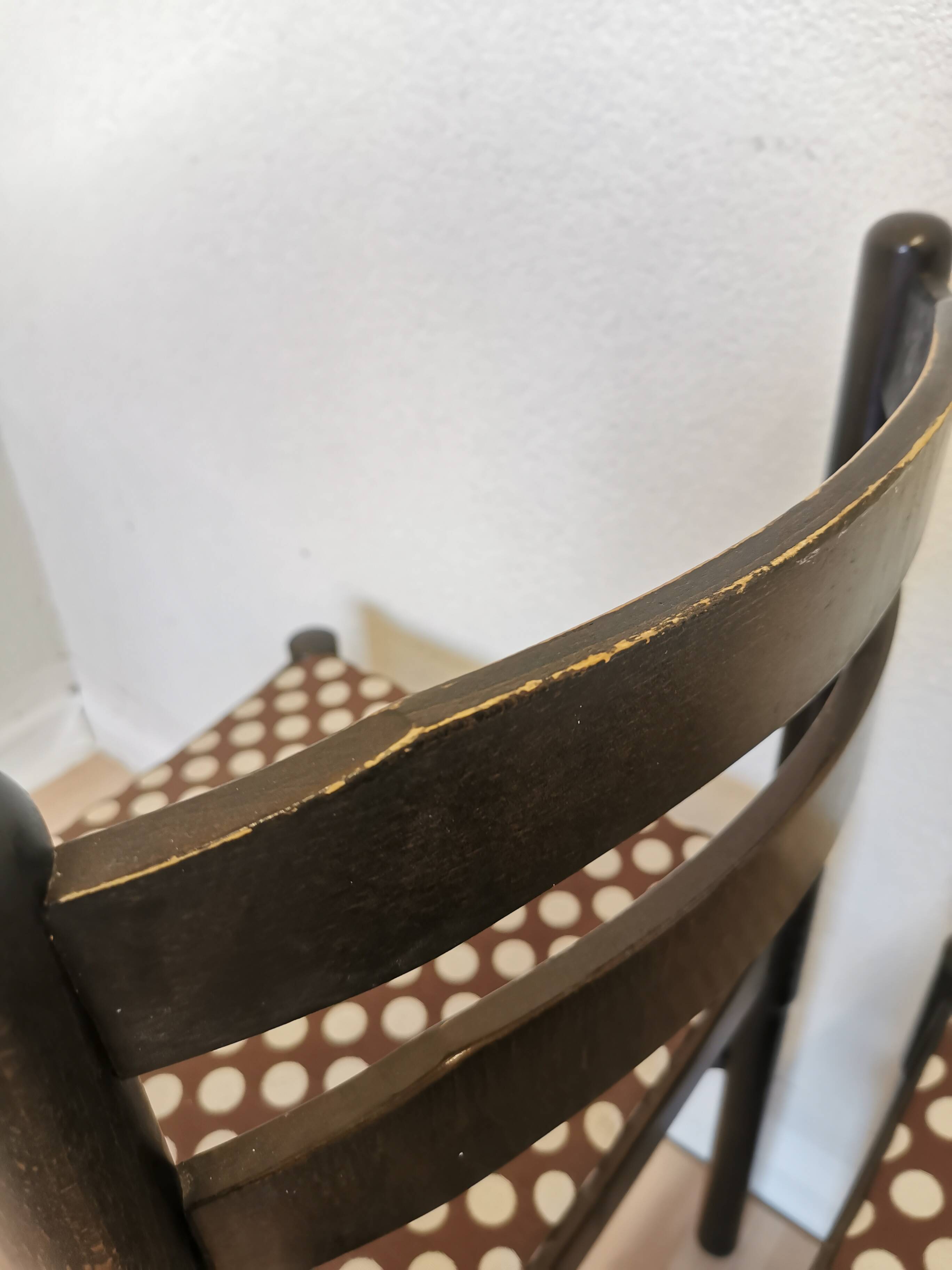 Set of 2 Vintage Wooden Dining Chairs: Brown & White Polka Dot Fabric 80s