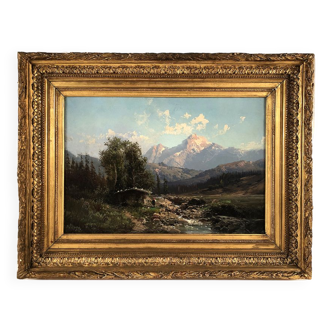 Emile Godchaux (1860-1938), signed mountain landscape oil on canvas, framed