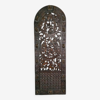 Porte africaine en bois sculpté et bronze de chef de village Baboun, Cameroun, début XXe