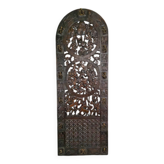 Porte africaine en bois sculpté et bronze de chef de village Baboun, Cameroun, début XXe